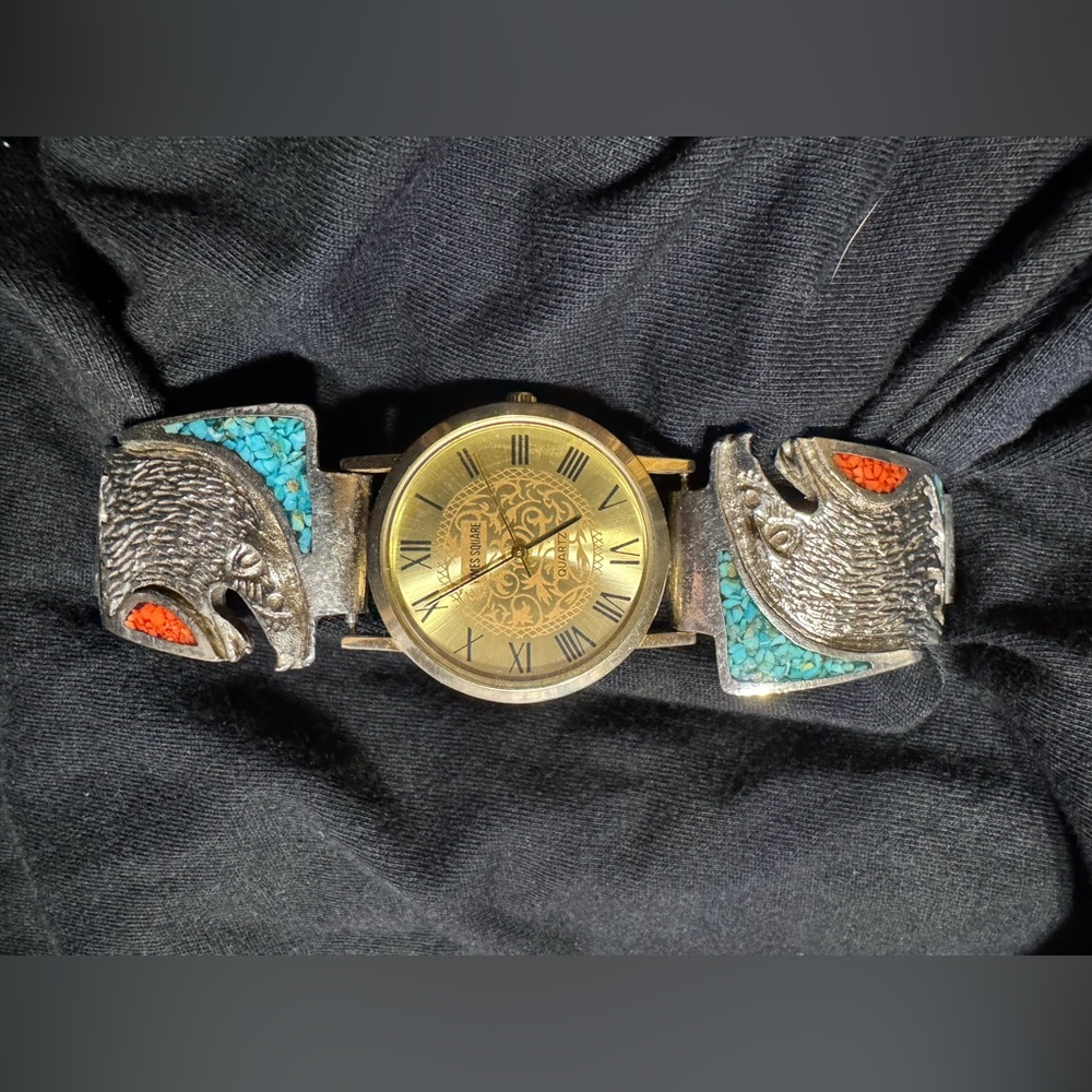Vintage Tom Taylor Navajo Watch - Turquoise Coral Inlaid Eagle - Signed TT